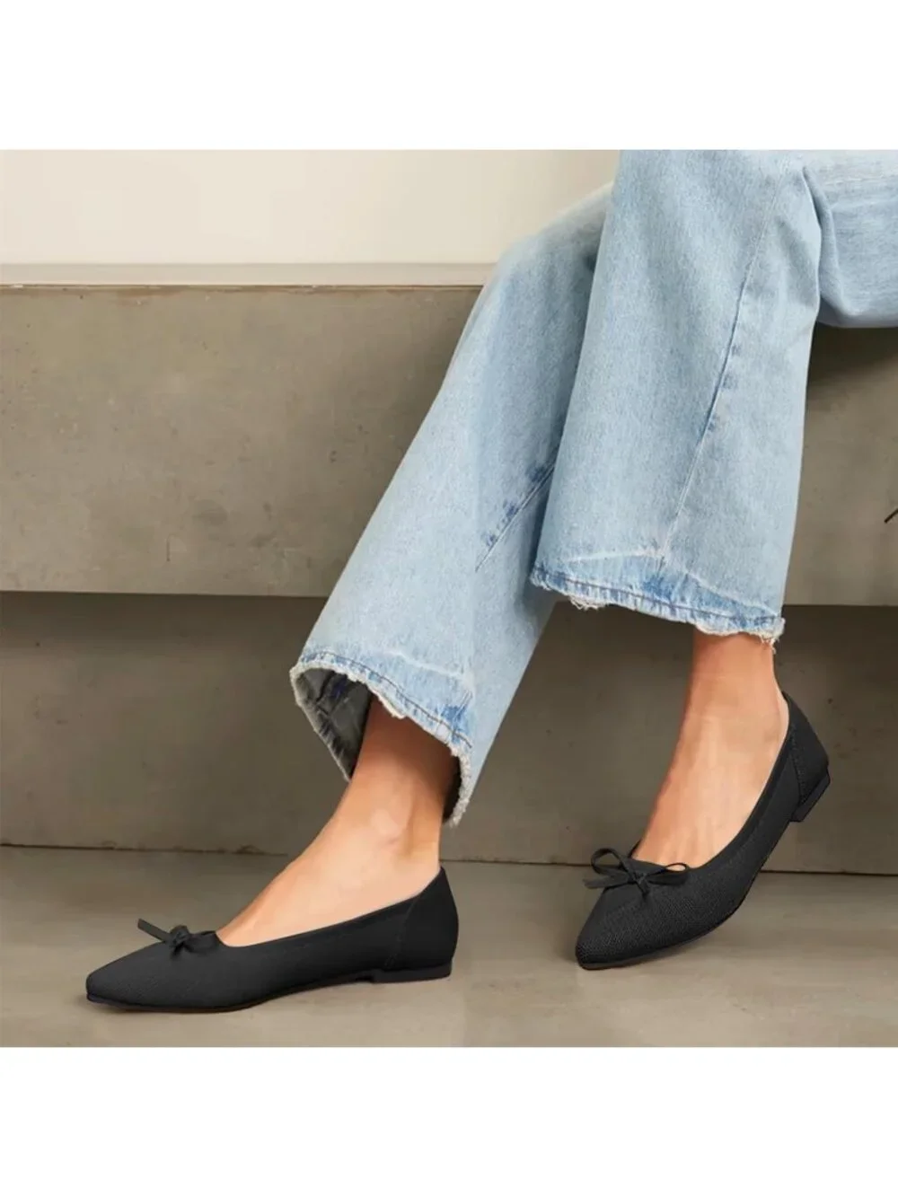 Women's Black Flats Pointed Toe Bow Knit Ballet Shoes Comfortable Dressy Mesh